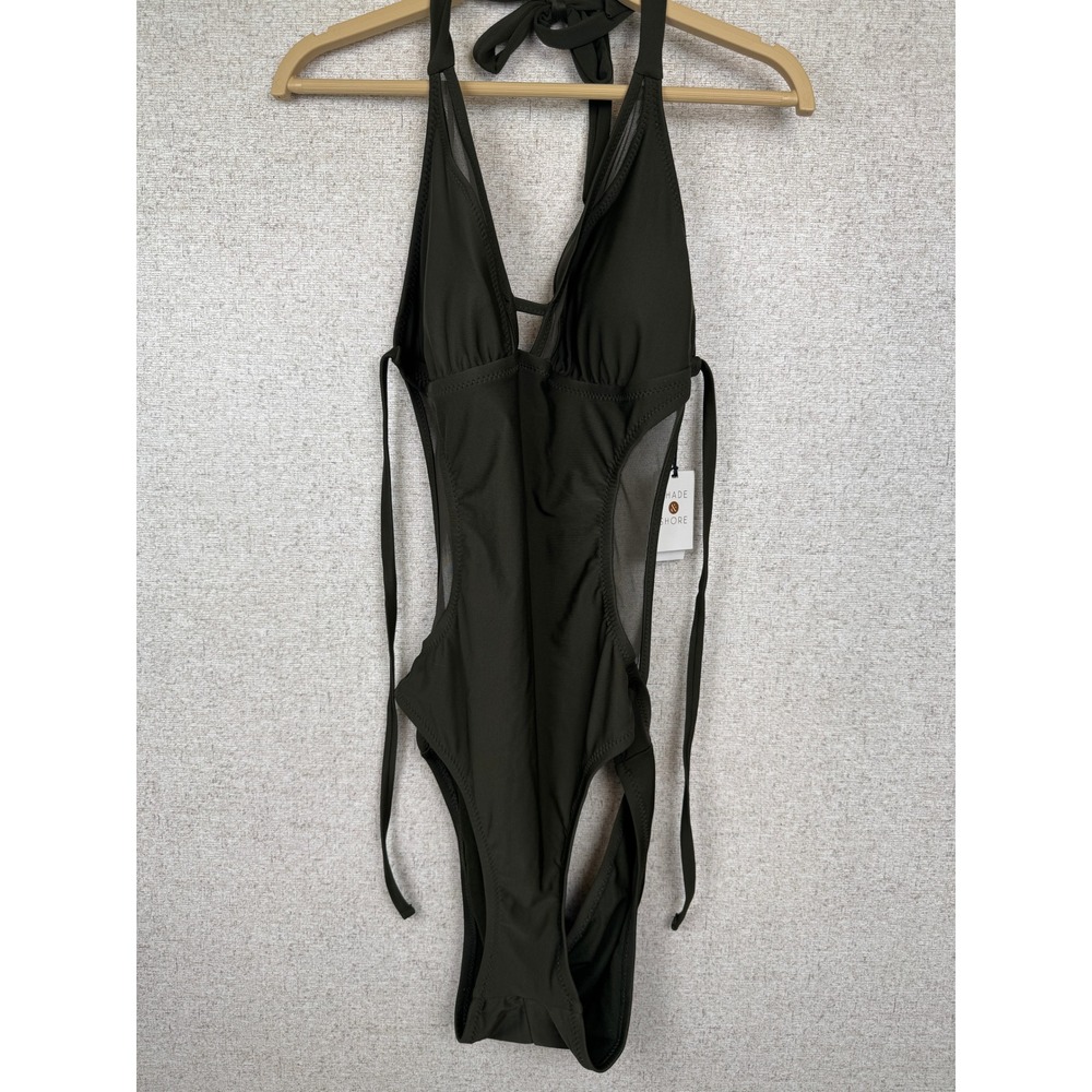 Shade & Shore Olive Green One Piece Swimsuit L NWT Mesh Cutout Plunge Halter Tie